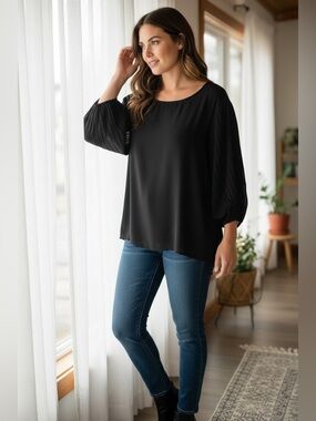 Women's Black Pleated-Sleeve Blouse - Relaxed Crew Neck